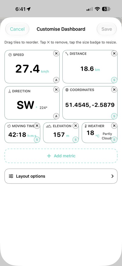 Dashboard editor with metric tiles that can be added, resized and reordered.
