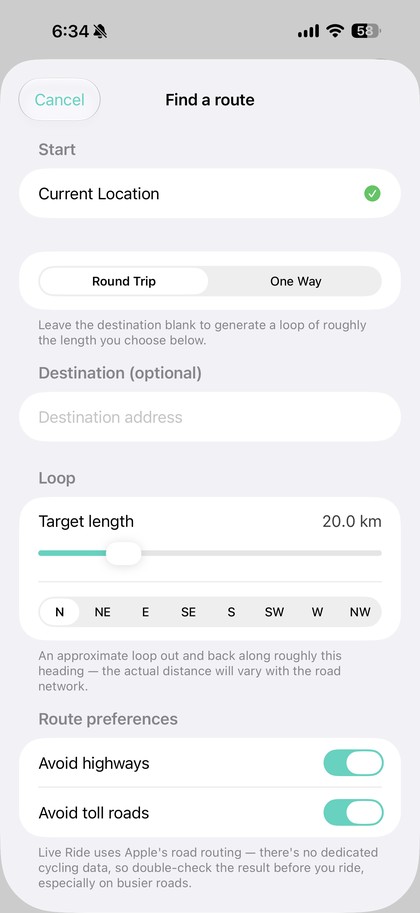 Route planner with round trip and one way options, a target distance and road preferences.