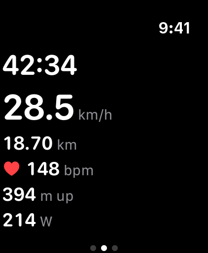 Live Ride on Apple Watch mid-ride showing moving time, speed, distance, heart rate, climbing and power.